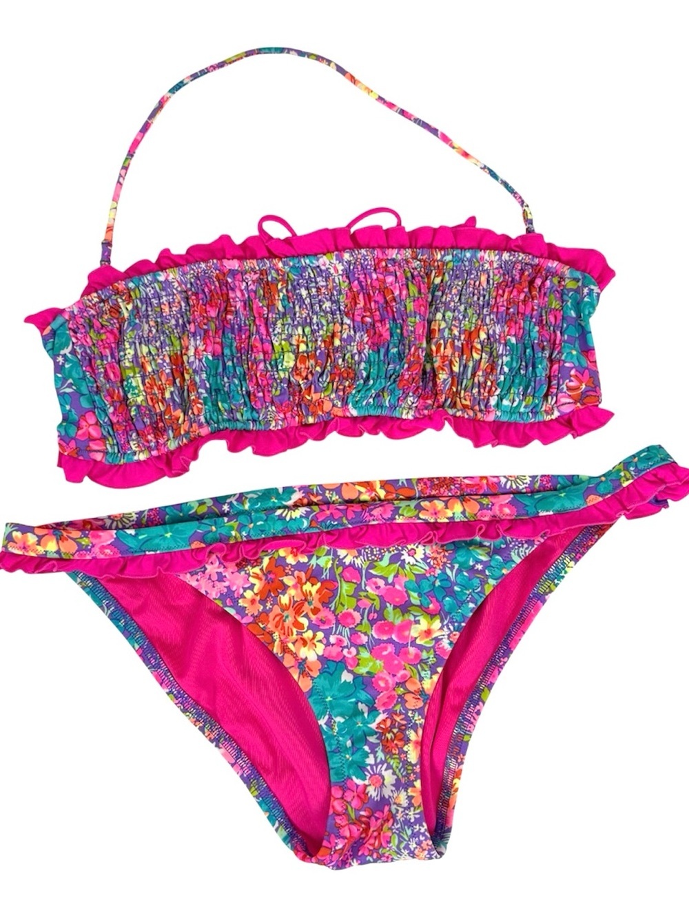 Y2K Victorias Secret Bikini Set Pink Floral Ruched Smocked Ruffled